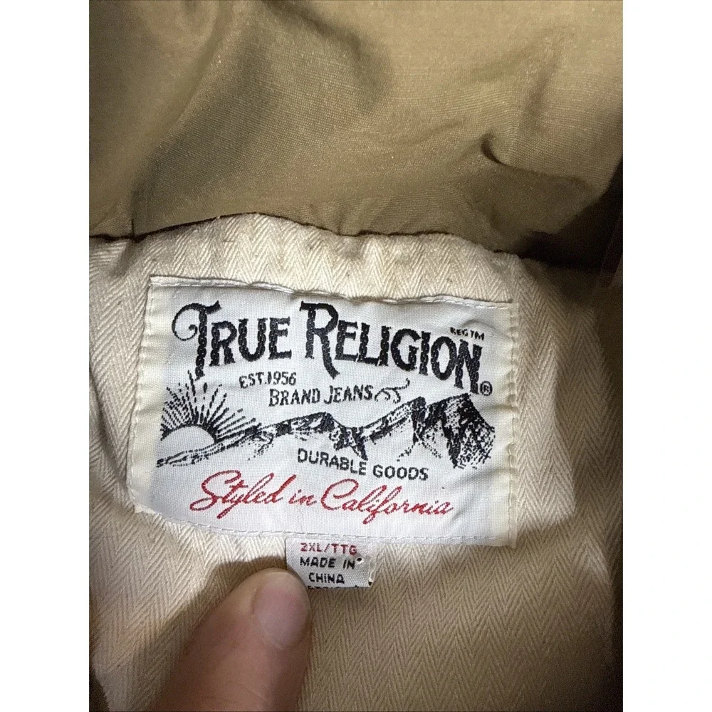 True Religion Hooded Puffer Vest Mens 2XL Quilted Dark‎ Kaki Full Zip